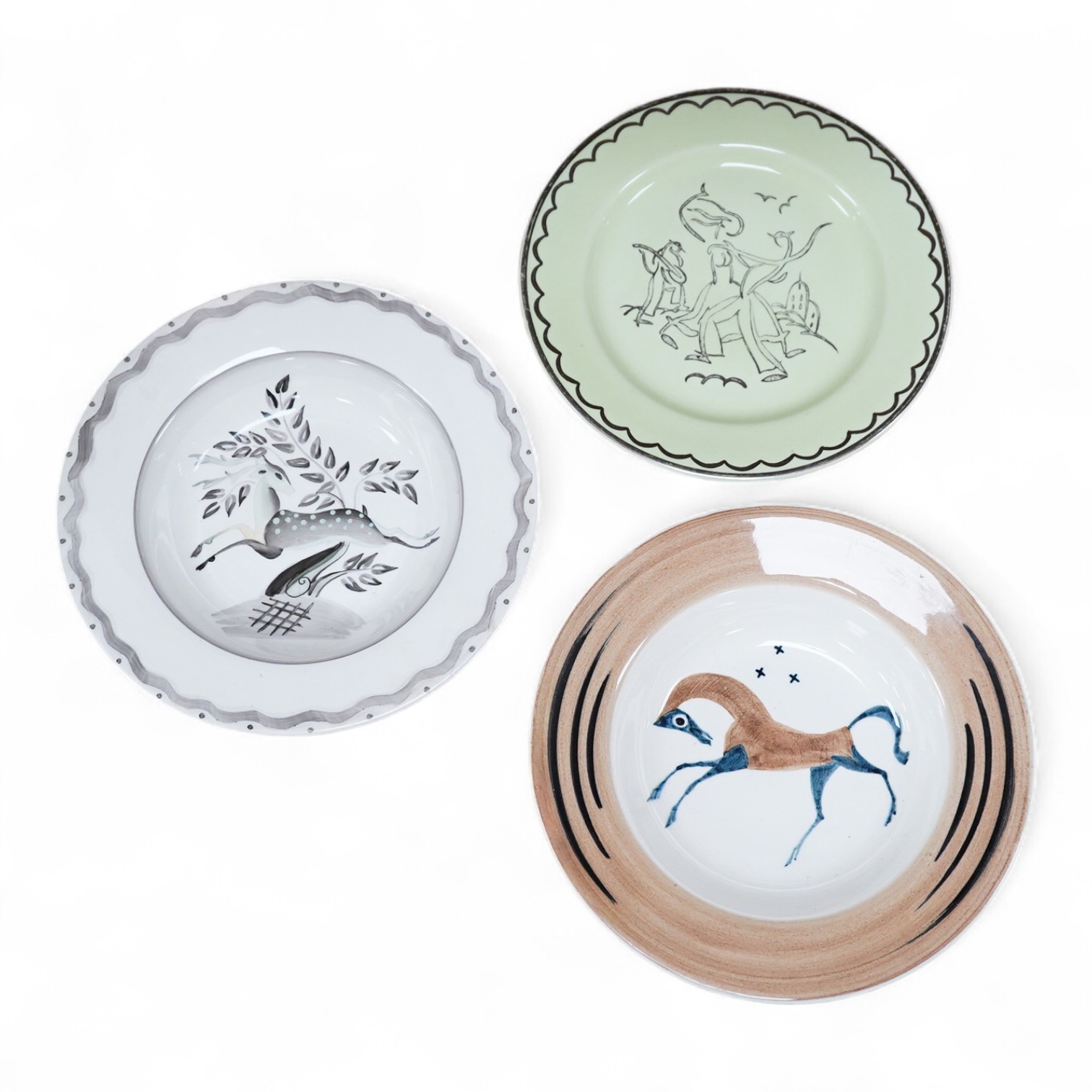 A Billie Waters Clarice Cliff Bizarre bowl, John Armstrong Bizarre bowl and an Ernest Proctor plate, 23cm in diameter
